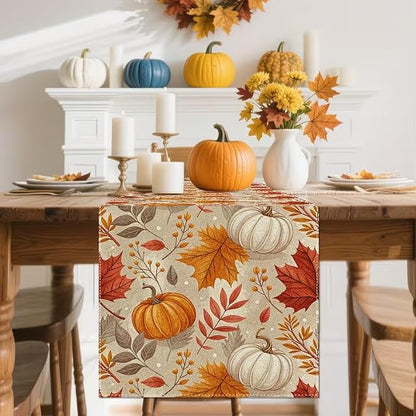 Fall Maple Leaf Pumpkin Table Runner, Seasonal Thanksgiving Harvest Farmhouse - Image 2