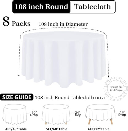 8 Pack White Round Tablecloth 108 Inch White Table Cloth Stain and Wrinkle Resistant Reusable and Washable Polyester Fabric Table Covers for Buffet Wedding Party and Banquet