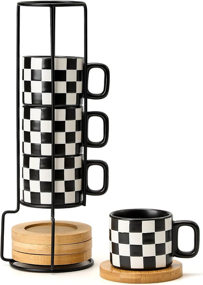 LUKA Porcelain Stackable Black and White Checkered Espresso Cups by LUKA
