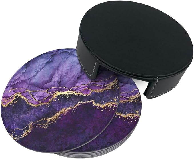 6 Pcs Purple Marble Abstract Gold Leather Coasters - Image 5