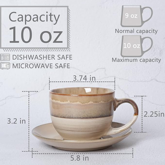Bosmarlin Ceramic Cappuccino Cup and Saucer Set of 2, 10 Oz, Coffee Cups - Image 2
