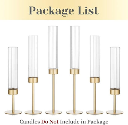 Hewory Gold Hurricane Candle Holders: Brass Candlestick Holders Set of 6 Tall Taper Candle Holders for Candlesticks Candle Sticks Holder Decor for Table Centerpiece Wedding Party Christmas Decorations