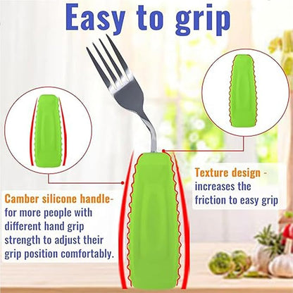 Adaptive Utensils for Hand Tremors,Weighted Utensils with Non-Slip Handle to Easy Grip for Elderly Use (Right Hand 1pc Fork+1 pc Spoon=2 pcs,Green)