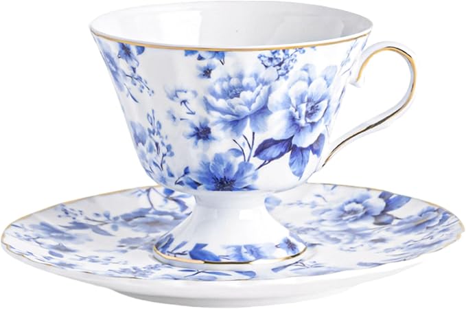 fanquare 5oz Retro Blue and White Roses Tea Cup and Saucer | Vintage Floral by fanquare