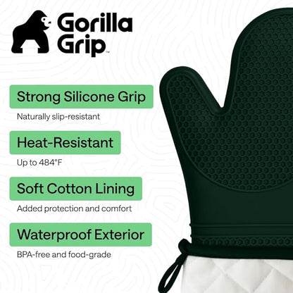 GORILLA GRIP BPA-Free Soft Silicone Oven Mitts, 14.5x8.3, Heat Resistant and Waterproof Cooking Gloves, Thick Cotton Lining, Flexible Gripping for Baking Grilling, Kitchen Potholders Set, Hunter Green