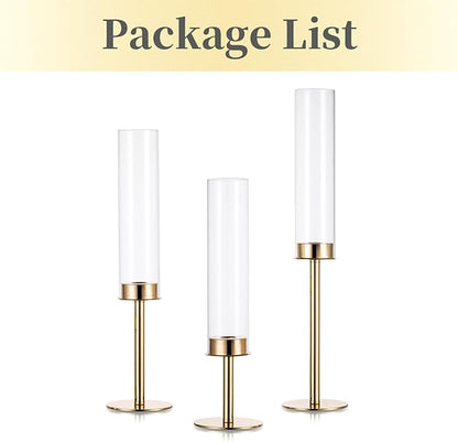Hewory Gold Candle Holders, 3Pcs Hurricane Candlestick Holders with Glass Candle Cover for Wedding Table Centerpiece Christmas Decor