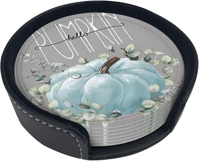 6 Pcs Fall Blue Pumpkin Eucalyptus Leaves Grey Leather Coasters - Image 2