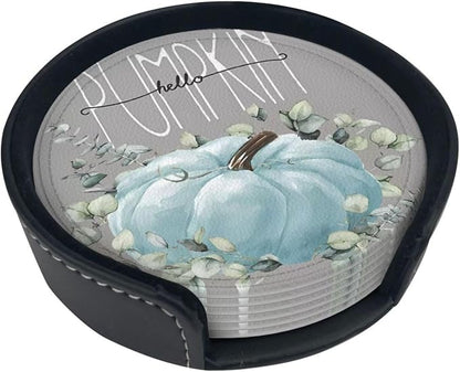 6 Pcs Fall Blue Pumpkin Eucalyptus Leaves Grey Leather Coasters - Image 2