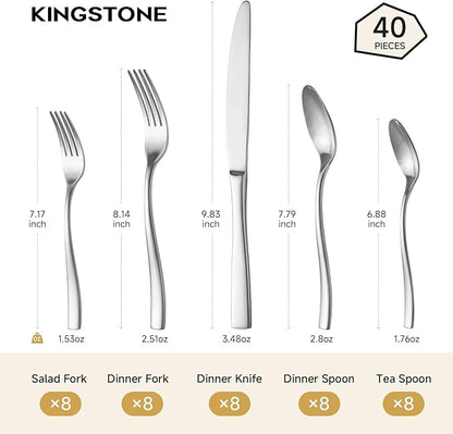 KINGSTONE 40-Piece Silverware Set for 8, Matte Stainless Steel Flatware Set with Forks, Knives, Spoons, Dishwasher Safe, Rust Resistant Cutlery for Home & Wedding