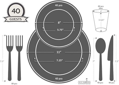 " OCCASIONS " 320pcs set (40 Guests)-Extra Heavyweight Vintage Wedding Disposable/Reusable Plastic Plates 40 x 11'' + 40 x 8.25''+Silverware+Cups+Napkins (Chateau Collection Ivory)