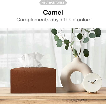 Carrotez Tissue Box Cover, [Refined] Modern PU Leather Rectangular Tissue Box Holder - Decorative Holder/Organizer for Bathroom Vanity Countertop, Night Stands, Office Desk 9.5"X5"X5" - Camel