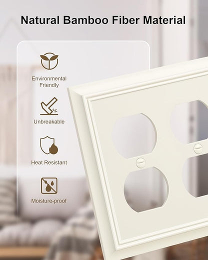 2-Pack Double Duplex Outlet Cover, Light Almond Decorative Switch Plates and Outlet Covers for Electrical Outlets, Durable Natural Bamboo Fiber Wall Plates, 2 Gang Receptacle Cover