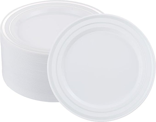 50 PCS Silver and White Plastic Plates for 50 Guests,10.25inch Silver Rimmed White Disposable Plastic Plates for Wedding,Party,Birthday,Smooth Edge & Heavy Duty Dinner Plate