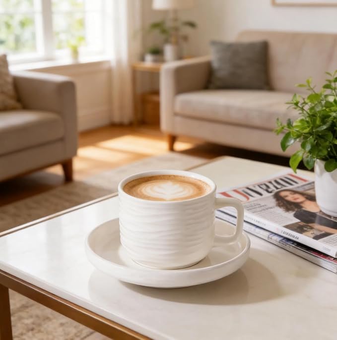 Ceramic Coffee Mug with Saucer, 8oz Glossy Porcelain Tea Cup Set, Modern - Image 3