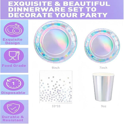 Iridescent Party Supplies, Holographic Paper Plates and Napkins Set, Rainbow Disposable Paper Plates Cups Knives Spoons Fork Straw for Birthday Wedding Party Serve 25 (Iridescent)