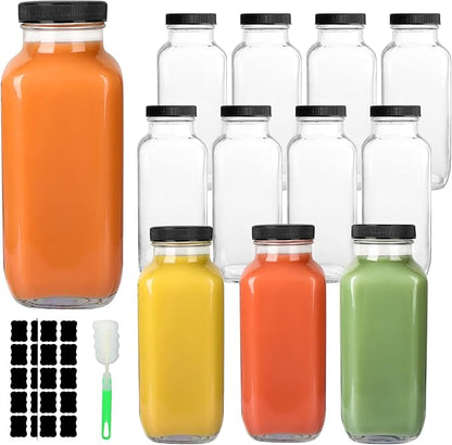 GUANENA 12 Pack Glass Drink Bottles, 16 OZ Vintage Square Water Bottles by GUANENA