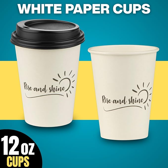 Disposable Coffee Cups with Lids, To Go Paper Hot Cups, Rise and Shine Design - Image 7