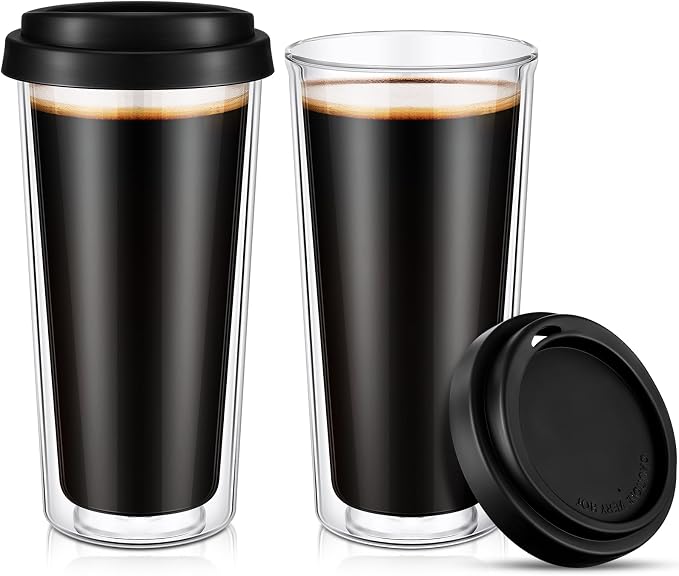 Honeydak 2 Pack 16 oz Double Walled Glass Coffee Mugs by Honeydak