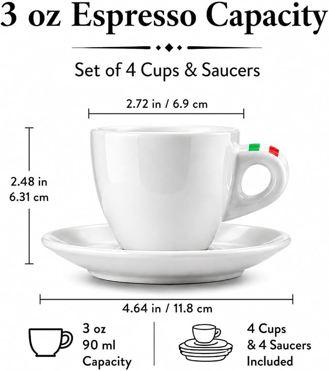 Bacimi® Espresso Cups & Saucers Set of 4 – 3 oz Thick Porcelain Coffee Cups - Image 6