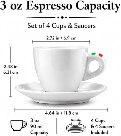 Bacimi® Espresso Cups & Saucers Set of 4 – 3 oz Thick Porcelain Coffee Cups - Image 6