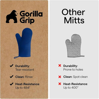 GORILLA GRIP BPA-Free Soft Silicone Oven Mitts, Heat Resistant and Waterproof Cooking Gloves, Thick Cotton Lining, Flexible Gripping for Baking Grilling, Kitchen Potholders Set of 2, 12.5x8.3, Blue