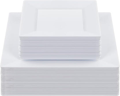 Goodluck 60 Pack Disposable Square Plastic Plates - Heavy Duty Dinner (9.5") & Dessert (6.5") Plates - Fancy for Wedding, Holiday, Birthday - White
