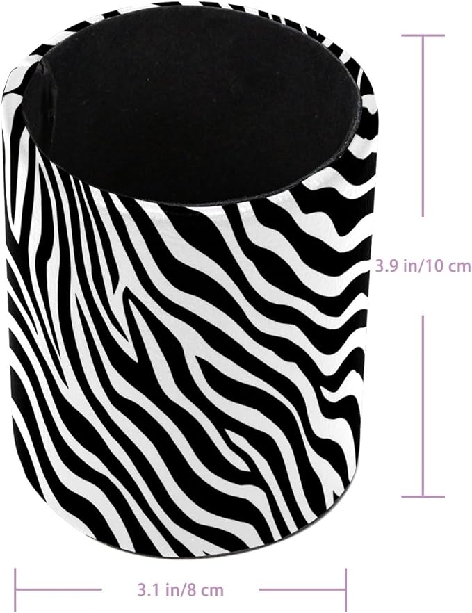 Leather Pen Holder for Desk, Zebra Print Pencil Cup Pen Organizer Makeup Brush - Image 3