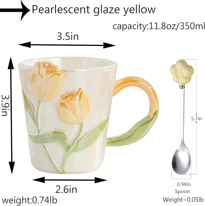 Tulip Flower Ceramic Mug 11.8Oz, Handmade Cute Coffee Tea Cup - Image 2