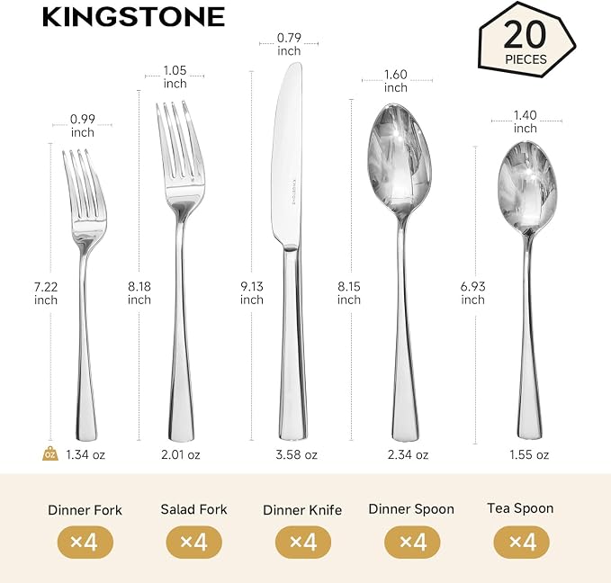 18/10 Stainless Steel Flatware, 20-Piece Forged Silverware Set - Image 2