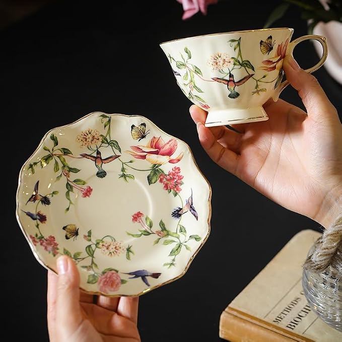 8 oz Vintage flower Ceramic cup and 6" saucer set - Image 3
