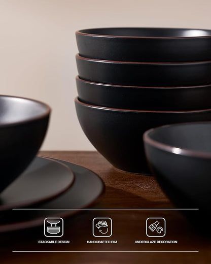 Famiware Venus Speckled Dinnerware Set with Pasta Bowls, Service for 4 (16 Pieces), Stoneware Plates and Double Bowls Sets, Microwave & Dishwasher-Safe Dishes with Trim, Matte Black