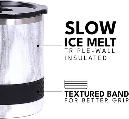 Elemental Recess Lowball Tumbler, 10oz Triple Wall Stainless Steel Cup with Non-Shattered Tritan Lid, Insulated Whiskey Glass, Insulated Coffee Tumbler Mug for Hot & Cold Drinks - White Marble