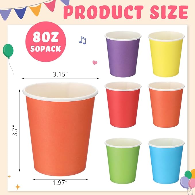 Mimorou 300 Pack 8 oz Disposable Paper Cups, 6 Colors Double PE Coated Coffee - Image 3