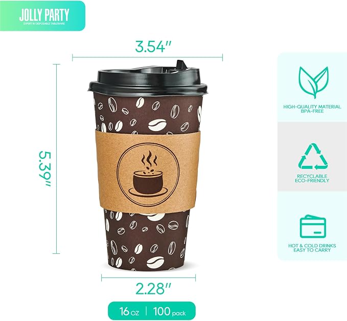 JOLLY PARTY Disposable Coffee Cups - 16oz Paper Coffee Cups with Lids - Image 2
