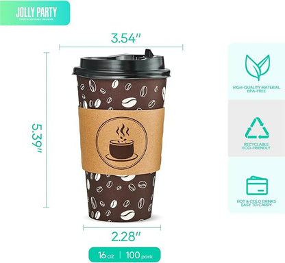 JOLLY PARTY Disposable Coffee Cups - 16oz Paper Coffee Cups with Lids - Image 2