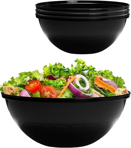 BESTVIP 150oz 4 Pack Black Plastic Serving Bowls for Party, Disposable 11.6" Large Salads Container for Snacks, Chips, Meal Prep, Stackable Candy Dishes for Christmas, Holiday, Reusable
