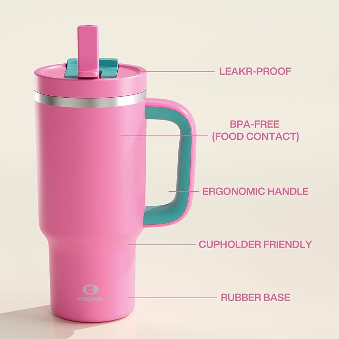 ENCOOL 32 oz Tumbler with Handle and Straw: Stainless Steel Insulated Tumbler - Image 6