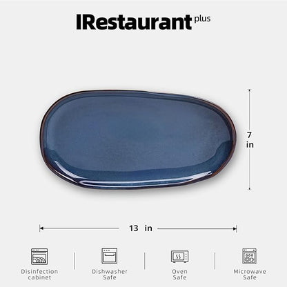 Organic Shape Highland Ceramic Serving Tray, 12pcs 13×7inch Handmade Reactive Glaze Stoneware Tray with Wavy Edge, for Kitchen, Microwave & Dishwasher Safe, Scratch Resistant-Blue
