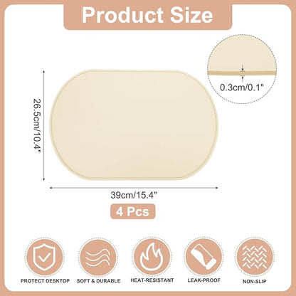 uxcell 4 Pcs Oval Silicone Placemat, 15.4" x 10.4" Non-Slip Washable Table Placemats Heat Resistant Waterproof Mat with High Edge for Table Kitchen Desk Protection, White