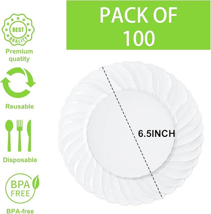 U-QE 100 Pieces White Plastic Plates - 6 Inch White Disposable Plates - Washable & Reusable - Premium Hard Dessert Plates - Party Supplies for Birthdays, Celebrations, Travel, Wedding,Party and Events