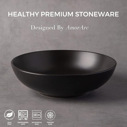 AmorArc 8.75‘’ Large Pasta Bowls, 42 ounce Deep Stoneware Bowls Set of 4 for Kitchen, Wide Bowl for Pasta/Salad/Fruit/Oatmeal/Soup, Microwave&Dishwasher Safe-Matte Black