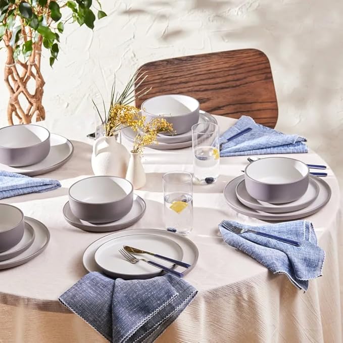 Karaca Riley 18-Piece Stoneware Plates and Bowls Set - Kitchen Dinnerware Sets for 6 - Grey Elegant Design Dish Set for Family Meals and Entertaining & Dishwasher Safe