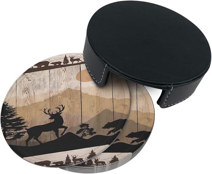 6 Pcs Rustic Wildlife Bear Deer Moose Vintage Wooden Plank Leather Coasters - Image 5