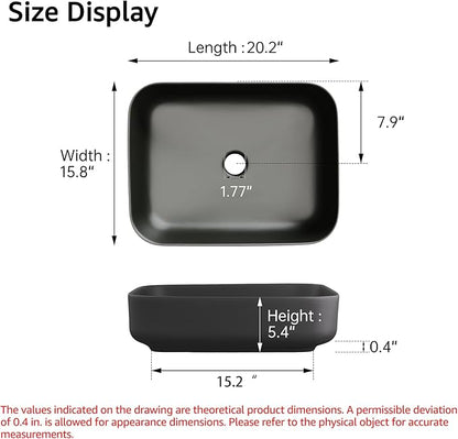 ELLAI Bathroom Vessel Sink Rectangle Above Counter Porcelain Ceramic Top Mount Rectanglar Countertop Sink for Bathroom 19.7"x15.2"x5.4" Matte Black