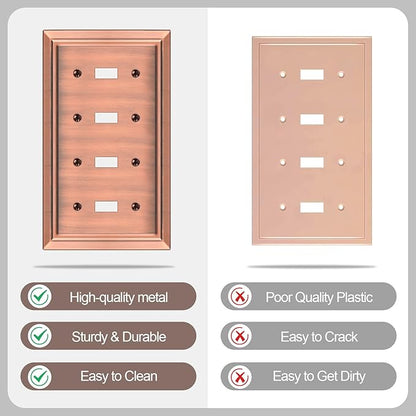 Metal Wall Plate for Electrical Outlets, Decorative Antique Copper Switch Plates Outlet Cover, Light Switch Cover Plate, 4-Gang Wall Plates (Quad Toggle, 1 Pack)