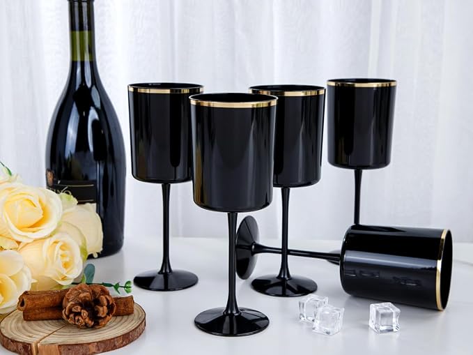 Ciaell 12 Pack Black and Gold Plastic Wine Glasses - Image 8