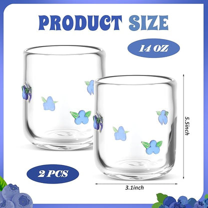 Icon Juice Glasses, 14oz Stemless Wine Drinking Juice Glass Cup for Valentine Party Supplies Gift(2 Pcs,Blueberry)