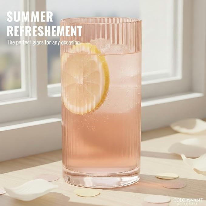 Physkoa Peach Ribbed Drinking Glasses Set of 6 – Vintage Embossed Highball - Image 2