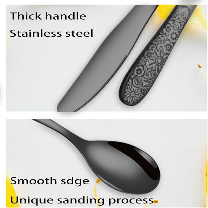 Black Rose Floral Embossed Silverware Set, Mirror Polished Unique Pattern - Image 4