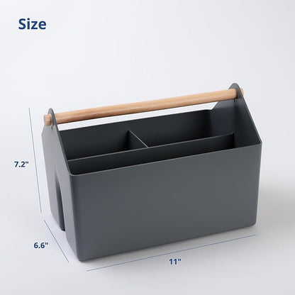 BLUE GINKGO Medium Storage Basket – Plastic Caddy with Wooden Handle for Office, Arts & Crafts, or Home Supplies (Gray)